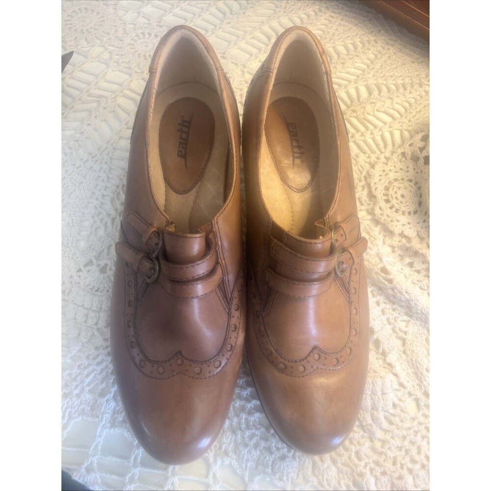 Earth Origins Carma 5 Brown Tan Leather Shoes Wingtip Block Heel Women’s 9.5B